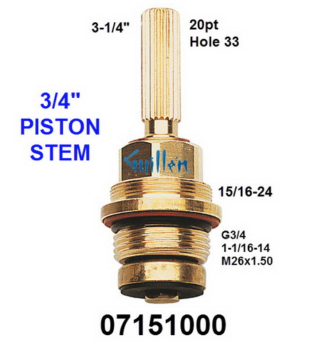 Grohe 07151000;;__ 3-1/4in 20pt; Piston stem cartridge for 3/4 valve; in Unfinish; Replaces 01200000; 01200