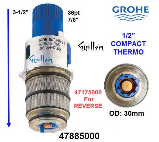 Grohe 47885000;;__ 3-1/2in 36pt; Thermostatic cartridge for 1/2 valve; in Unfinish