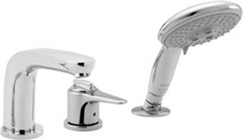 Hansgrohe Axor; 04131; Tub deck filler valve trim 3 hole thermostatic single handle with hand spray head; Series Metro E