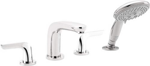 Hansgrohe; 04184; Tub deck filler valve trim 4 hole dual lever handle with hand spray head; Series Allegro E