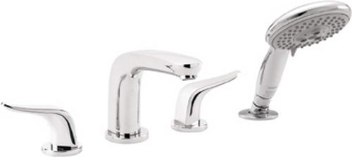 Hansgrohe; 04197; Tub deck filler valve trim 4 hole dual lever handle with hand spray head; Series Metro E