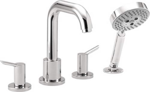 Hansgrohe; 31733; Tub deck filler valve trim 4 hole dual lever handle with hand spray head; Series Focus S