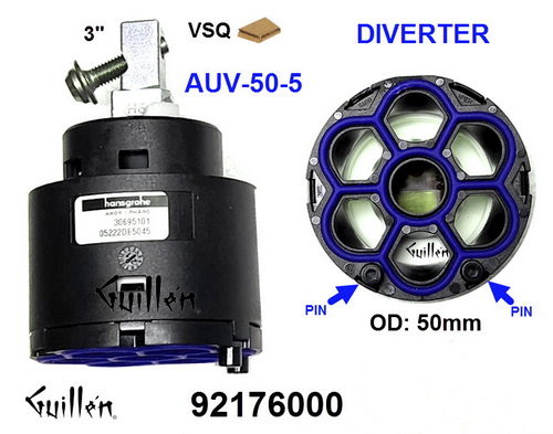 Hansgrohe 92176000;;__ 3in VSQ; Diverter cartridge shut-off and select valve; In Unfinish