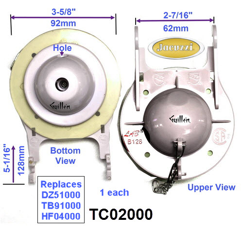 Jacuzzi TC02000; ;__ 5-1/16 x 3-5/8in; 3in flapper with chain and seal; leggs 2-7/16in CC; in unfinish; Replaces DZ51000; TB91000; TC02000; LAB B128