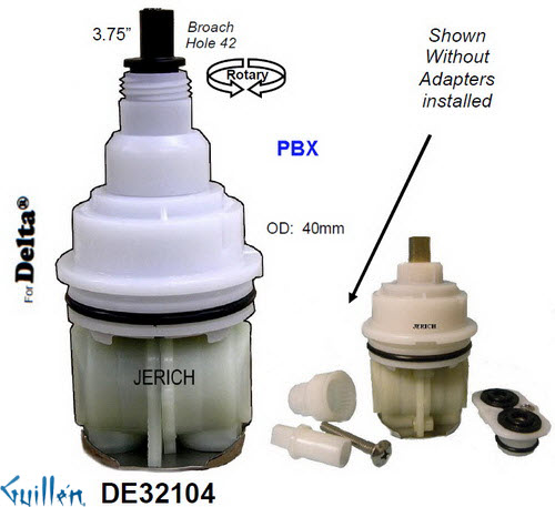 JER DE32104; ; __ 3-3/4in; pressure balance cartridge; for 1700 series before 2006 with white cap and square notches. Use DE46463 if Gray Cap with V noches; in Unfinish