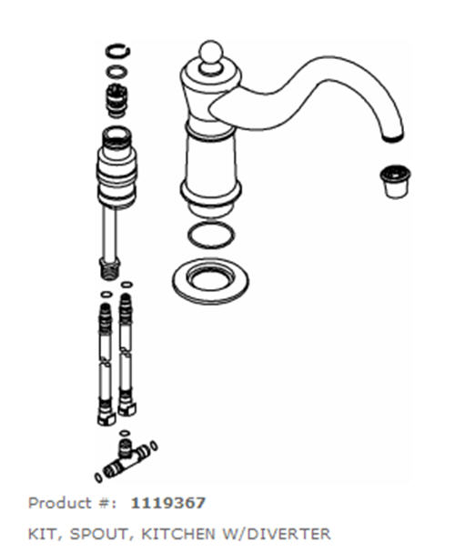 Kohler 1119367-VF; ; kit, spout, kitchen w/diverter; in Polished Brass ; ;   Replaces 1119364-PB; 74788-VF; 30760-VF; 46014-VF; 46015-VF; 57359-VF; 74788-VF