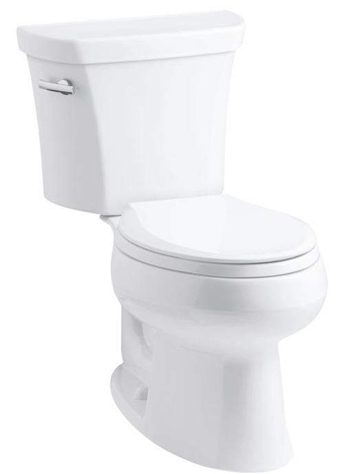 Kohler K-3998-0; Wellworth (R); two-piece elongated 1.28 gpf toilet with Class Five (R); flush technology and left-hand trip lever; in White