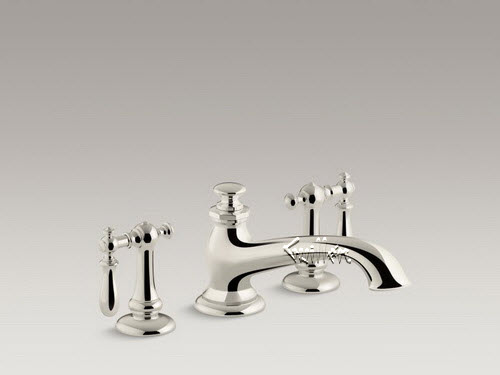 Kohler K-72777-SN; Artifacts (R); deck-mount bath spout with flare design; in Vibrant Polished Nickel