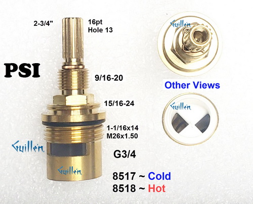 PSI 8517;;__ 2-3/4in 16pt; Cold ccwc 1/4 Turn brass ceramic cartridge; in Unfinish; 8518 for hot