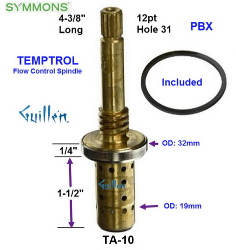 Symmons TA-10; Temptrol;__ 4-3/8in 12pt; Pressure balance cartridge flow control spindle; in Unfinish   TA-10-NO/CH