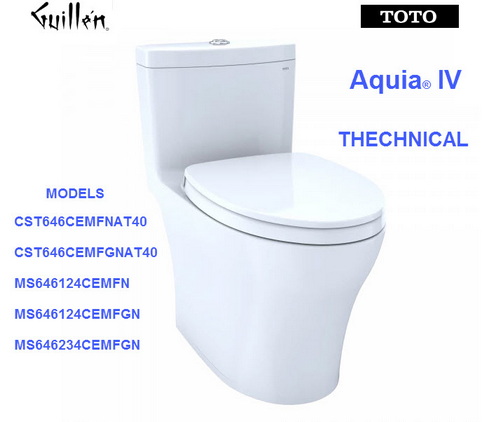 Toto CST646 MS646; Aquia IV; Technical One piece toilet dual flush elongated bowl with washlet connecton for models CST646CEMFNAT40; CST646CEMFGNAT40; MS646124CEMFN; MS646124CEMFGN; MS646234CEMFGN