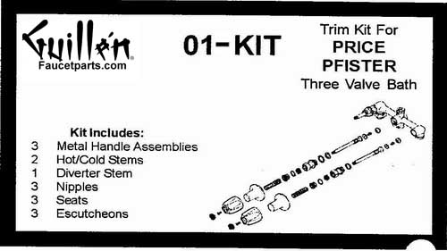 TPC 01-KIT; Price Pfister; 3 metal handle verve bath old valve rebuild kit trim and and compression cartridge; in Chrome