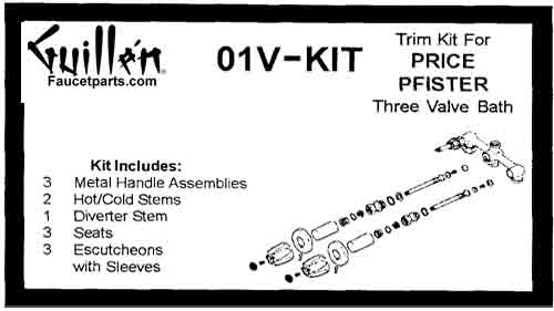 TPC 01V-KIT; Price Pfister; 3 handle verve bath old valve rebuild kit trim and compression cartridge stem size 5 1/2; in Chrome