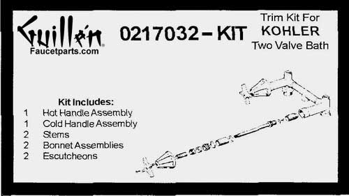 TPC 0217032-KIT; Kohler; 2 metal cross handle bath shower old valve rebuild kit trim and cartridge; in Chrome