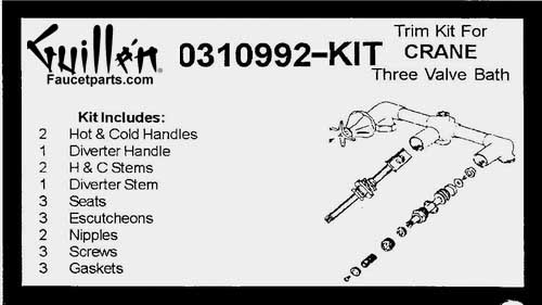 TPC 0310992-KIT; Crane; 3 metal cross handle bath old valve rebuild kit trim and cartridge; in Chrome