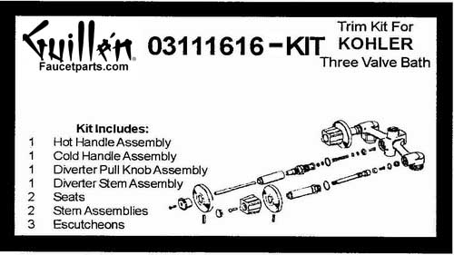 TPC 03111616-KIT; Kohler; 3 handle Trend bath old valve rebuild kit trim and cartridge; in Chrome