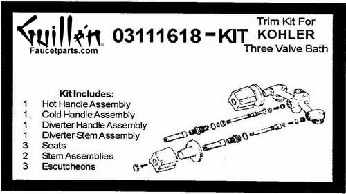 TPC 03111618-KIT; Kohler; 3 handle Trend bath old valve rebuild kit trim and cartridge; in Chrome