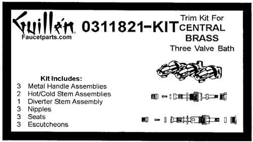 TPC 0311821-KIT; Central Brass; 3 metal handle bath valve rebuild kit trim and cartridge; in Chrome