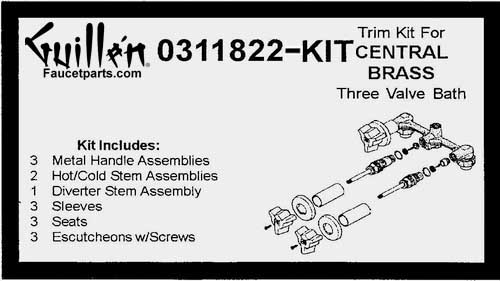 TPC 0311822-KIT; Central Brass; 3 metal handle bath valve rebuild kit trim and cartridge; in Chrome