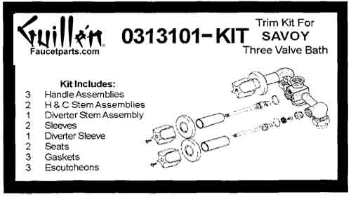 TPC 0313101-KIT; Savoy; 3 metal handle bath old valve rebuild kit trim and cartridge; in Chrome
