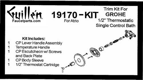 TPC 19170-KIT; Grohe; single control lever handle Atrio 1/2" inch thermostatic bath shower valve rebuild kit trim and cartridge; in Chrome; Discontinued Product