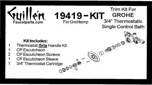 TPC 19419-KIT; Grohe; single control 3/4"" inch thermostatic handle Grohtemp bath shower old valve rebuild kit trim and cartridge; in Chrome; Discontinued Product