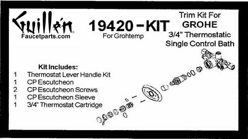 TPC 19420-KIT; Grohe; single control 3/4" inch thermostatic lever handle Grohtemp bath shower old valve rebuild kit trim and cartridge; in Chrome; Discontinued Product