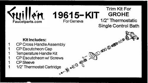 TPC 19615-KIT; Grohe; single control cross handle Geneva 1/2"""" inch thermostatic bath shower valve rebuild kit trim and cartridge; in Chrome