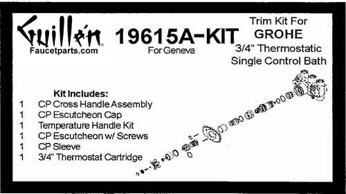 TPC 19615A-KIT; Grohe; single control cross handle Geneva 3/4"""" inch thermostatic bath shower valve rebuild kit trim and cartridge; in Chrome