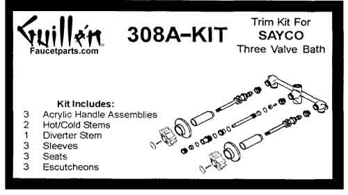 TPC 308A-KIT; Savoy; 3 acrylic handle bath old valve rebuild kit trim and cartridge; in Chrome