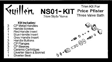 TPC NS01-KIT; Price Pfister; 3 metal handle new style verve bath shower valve rebuild kit trim and and ceramic cartridge; in Chrome