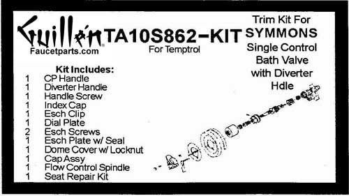 TPC TA10S826-KIT; Symmons; single control chrome handle temptrol bath shower valve rebuild kit with diverter handle trim and cartridge; in Chrome
