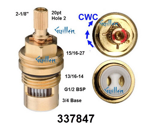Waterworks 337847;;__ 2-1/8in 20pt; Hot ccw 1/4 brass ceramic cartridge e for 1/2 universal valve; in Unfinish; Replaces 29-04416-70486