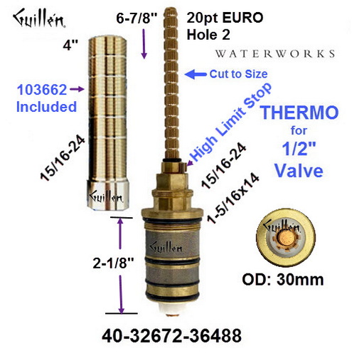 Waterworks 40-32672-36488;;__ 6-7/8in 20pt; Thermostatic cartridge with limit stops and 4in sleeve for 1/2 inch valves style 103662; in Unfinish