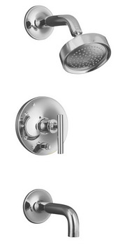 Kohler K-T14421-4 Purist(R) Rite-Temp(R) pressure-balancing bath and shower faucet trim with push-button diverter 7-3/4"" spout and lever handle valve not included