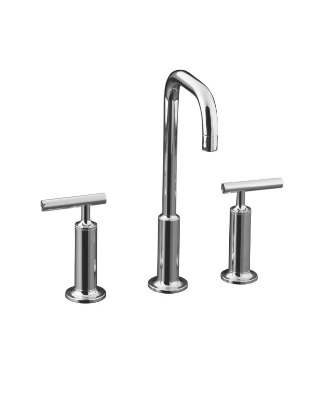 Kohler K-14408-4-CP; Purist (R) widespread lavatory faucet with high gooseneck spout and high lever handles; in Polished Chrome