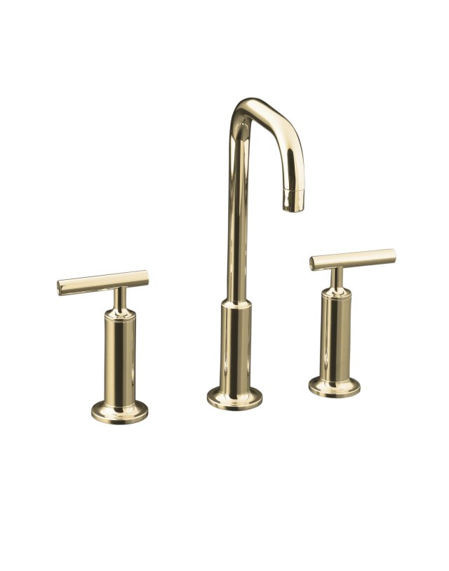 Kohler K-14408-4-SN; Purist (R) widespread lavatory faucet with high gooseneck spout and high lever handles; in Vibrant Polished Nickel