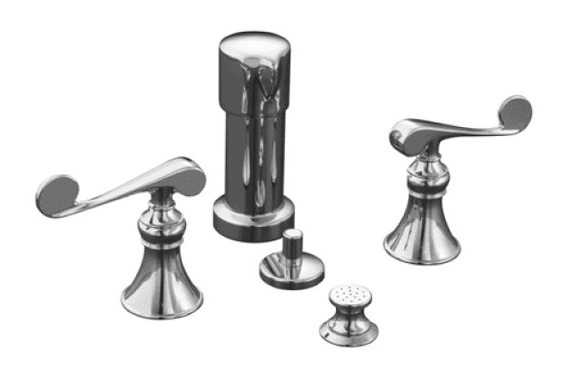Kohler K-16132-4-CP; Revival (R) bidet faucet with vertical spray and scroll lever handles; in Polished Chrome; Discontinued Product