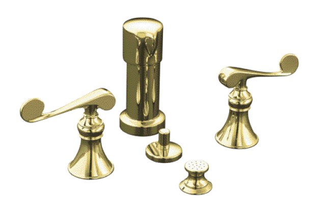 Kohler K-16132-4-PB; Revival (R) bidet faucet with vertical spray and scroll lever handles; in Vibrant Polished Brass; Discontinued Product