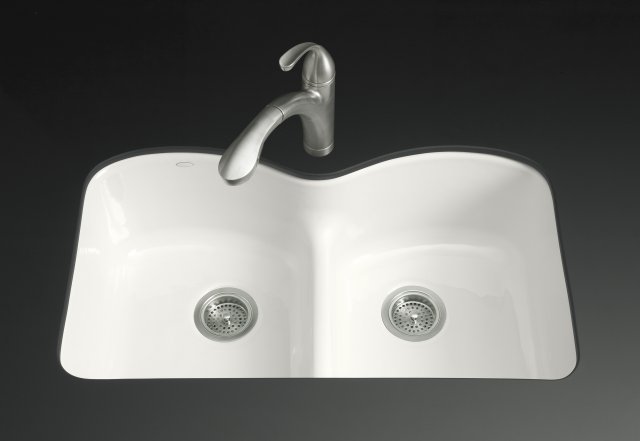 Kohler K-6626-6U-0; Langlade (R) Smart Divide (R) undercounter kitchen sink with six-hole oversized faucet drilling; in White; Discontinued Product - Use K-5312-0