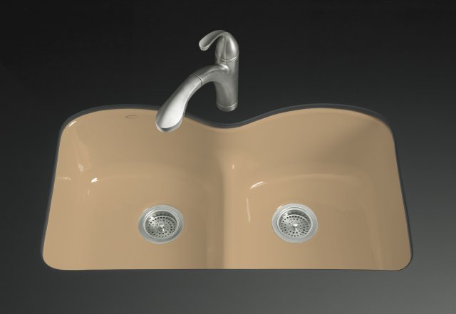 Kohler K-6626-6U-33; Langlade (R) Smart Divide (R) undercounter kitchen sink with six-hole oversized faucet drilling; in Mexican Sand; Discontinued Product
