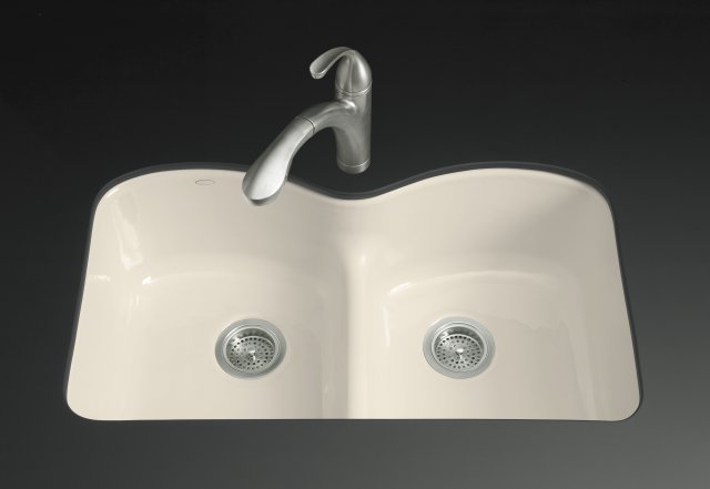 Kohler K-6626-6U-47; Langlade (R) Smart Divide (R) undercounter kitchen sink with six-hole oversized faucet drilling; in Almond; Discontinued Product