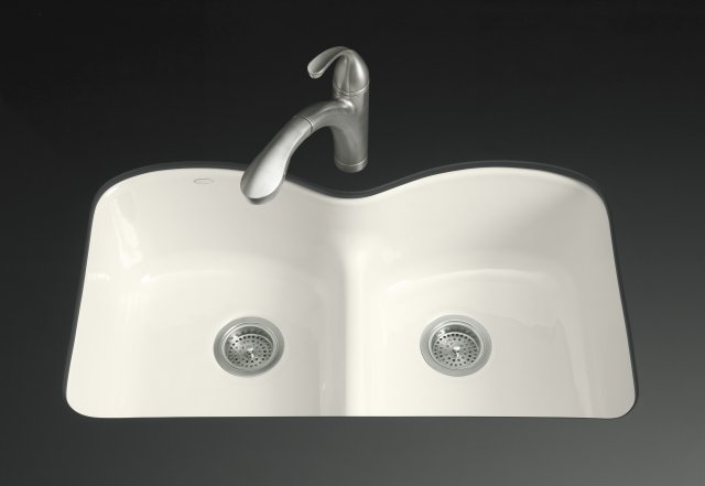 Kohler K-6626-6U-FT; Langlade (R) Smart Divide (R) undercounter kitchen sink with six-hole oversized faucet drilling; in Basalt