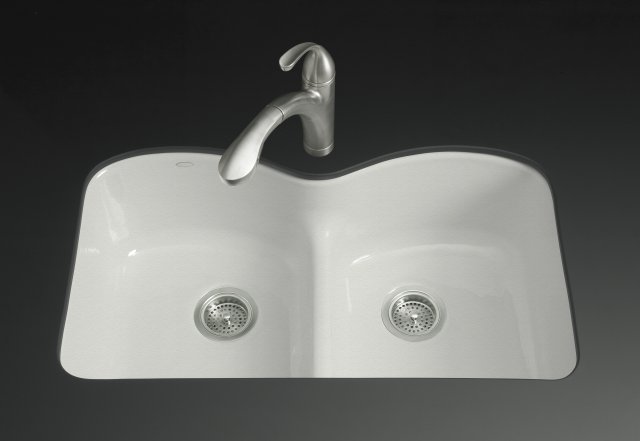 Kohler K-6626-6U-FF; Langlade (R) Smart Divide (R) undercounter kitchen sink with six-hole oversized faucet drilling; in Sea Salt; Discontinued Product - Use K-5312-FF