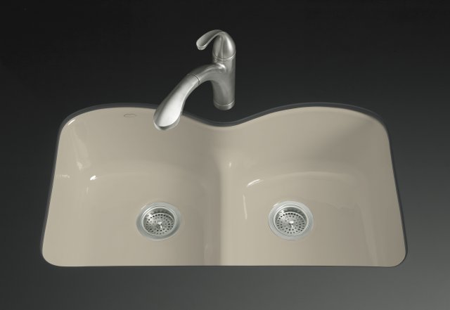 Kohler K-6626-6U-G9; Langlade (R) Smart Divide (R) undercounter kitchen sink with six-hole oversized faucet drilling; in Sandbar; Discontinued Product