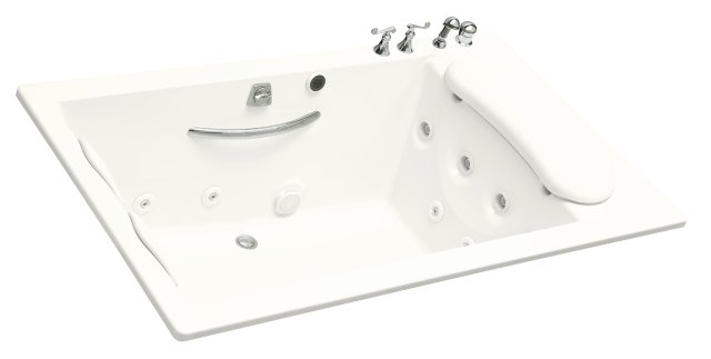 Kohler K-1360-H3-0; RiverBath (R) quadrangle whirlpool with integral fill and hot/cold valves less chromatherapy; in White