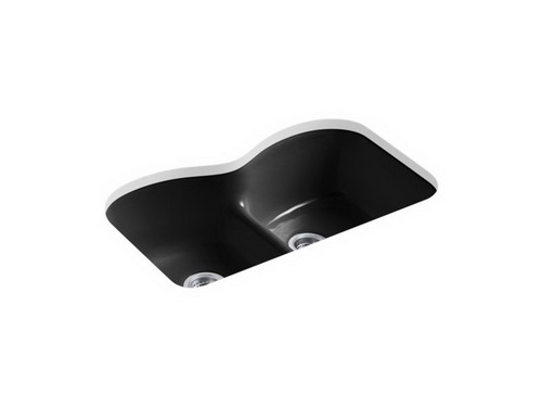 Kohler K-6626-6U-7; Langlade (R) Smart Divide (R) undercounter kitchen sink with six-hole oversized faucet drilling; in Black Black; Discontinued Product - Use K-5312-7
