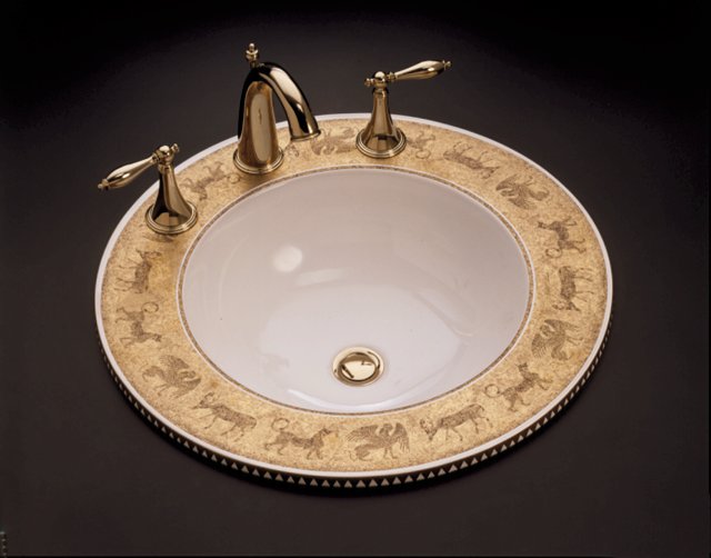Kohler K-14283-MG Mythical Beasts(TM) design on Camber(R) self-rimming lavatory with Gold textured rim and no faucet drilling