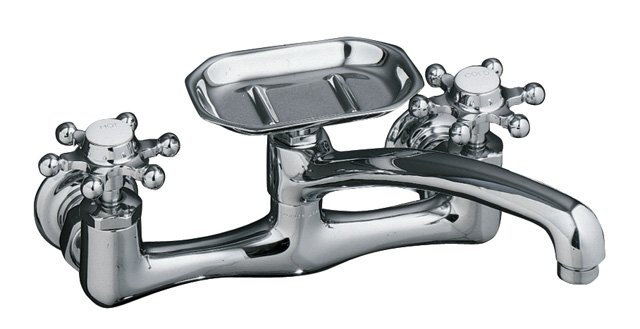 Kohler K-159-3 Antique(TM) wall-mount kitchen sink faucet with 12"" spout and six-prong handles
