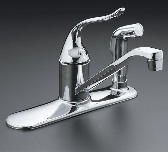 Kohler K-P15173-P Coralais(R) single-control kitchen sink faucet with sidespray in escutcheon 8 1/2"" swing spout ground joints and project pack for job business only